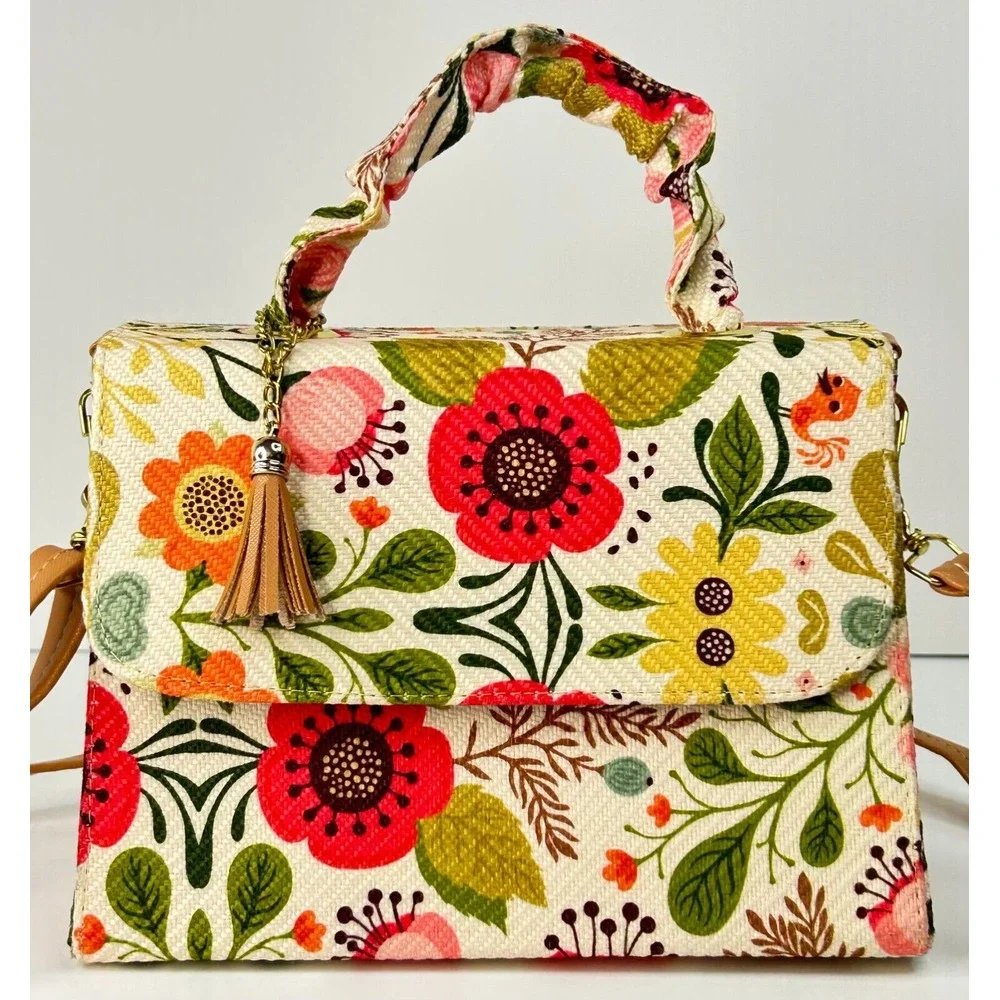 Multicolor Corduroy Hard Shell Medium‎ Floral Top Handle Spring Brunch Girls Out